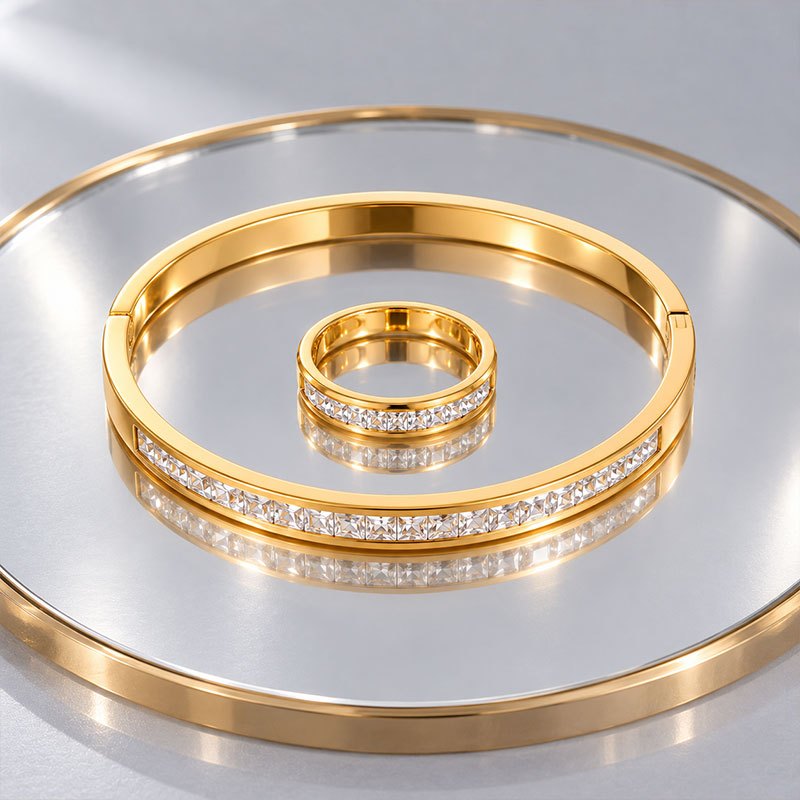 Women's 2pc Bracelet & Ring Set, Rectangular Bevel-Cut Zirconia